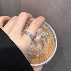 双层竹节戒指银色锆石开口可调节小众百搭女竹节肌理指环双层设计