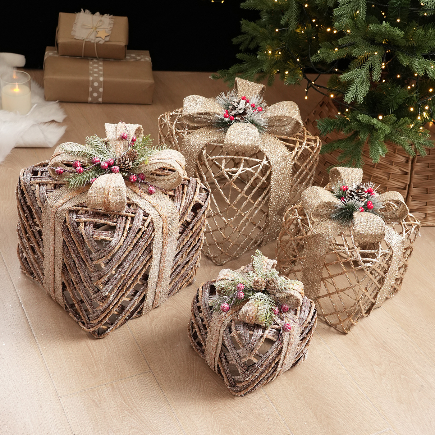 Caja de regalos de caña de Navidad caja de regalos de hierro forjado caja vacía decoración de pinos decoración de decoración de tres piezas set