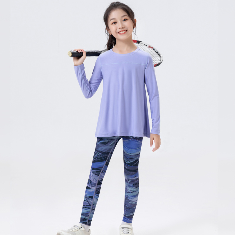 (2개) 새로운 어린이 풀오버 달리기 요가 상어 바지 스포츠 빠른 건조 긴팔 세트 여자 피트니스 댄스 옷 가을 옷