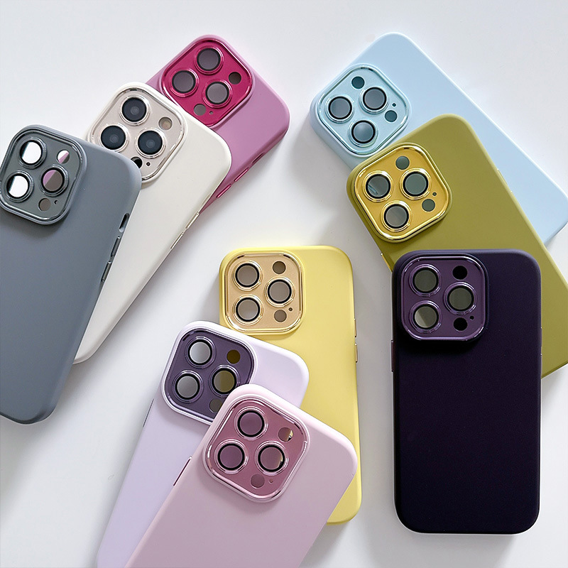 適用蘋果14ProMax手機殼金屬款精孔純色新款ins風液態硅膠手機殼