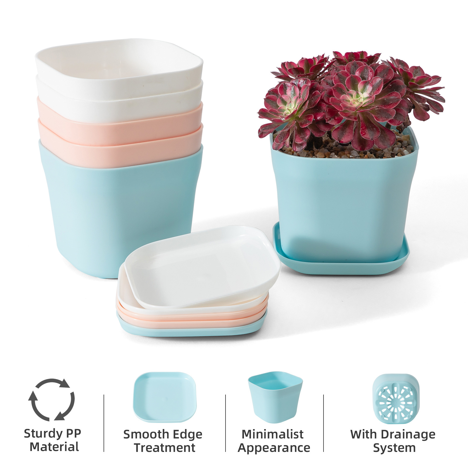 Maceta cuadrada pequeña de plástico, blanca, oficina y escritorio, para suculentas