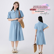 初中女童连衣裙中大童大码宽松牛仔裙夏装泡泡袖中学生裙子青少年