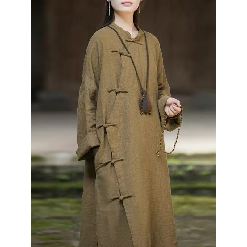 早秋苎麻新中式连衣裙女新款禅修居士服棉麻复古禅意偏襟袍子|undefined