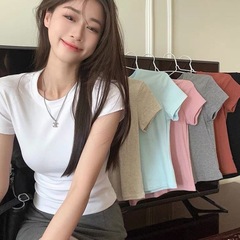 レディースカジュアル半袖Tシャツレディース夏ラウンドネックスリムフィットインナーベスト弾性タイトソリッドカラーボトリングシャツ