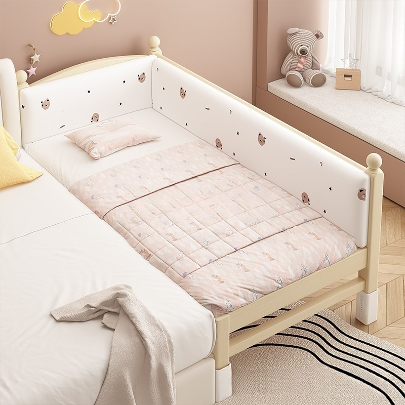 Children's Bed Splicing Bed Adjustable Height Splicing Large Bed Thickened and Widened Bed Solid Wood Crib with Guardrail Crib