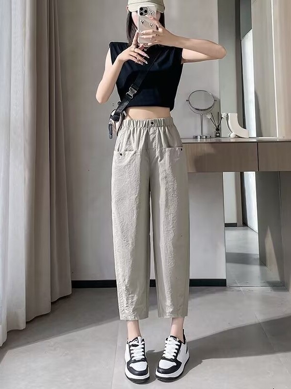 冰丝速干运动裤女夏季薄款小个子高腰九分萝卜裤宽松老爹哈伦裤子|undefined