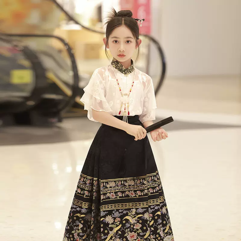 夏天薄款儿童马面裙两件套女童唐装汉服国风小女孩半身裙超仙高端