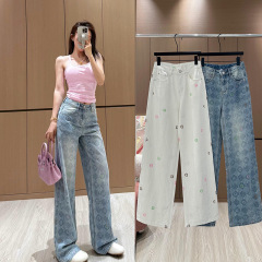 南油高定2025春新作重工カラー刺繍広脚ゆるいジーンズ女性高腰モップストレートパンツ