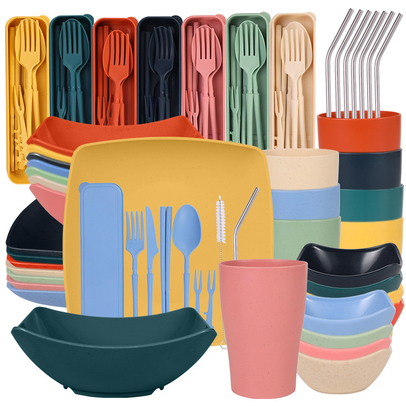 Cross-Border Amazon Wheat Straw Steak Plate Salad Bowl Cup Knife Fork Spoon Chopsticks Straw Tableware Outdoor Set