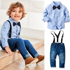 Cross-border boy baby long-sleeved collarless shirt denim overalls suit children's banquet dress formal outfit