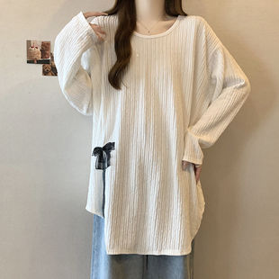 Plus Size Versatile Loose Bowknot Base Long-Sleeve T-Shirt with Irregular Design and Slit Top for Women in Spring and Autumn