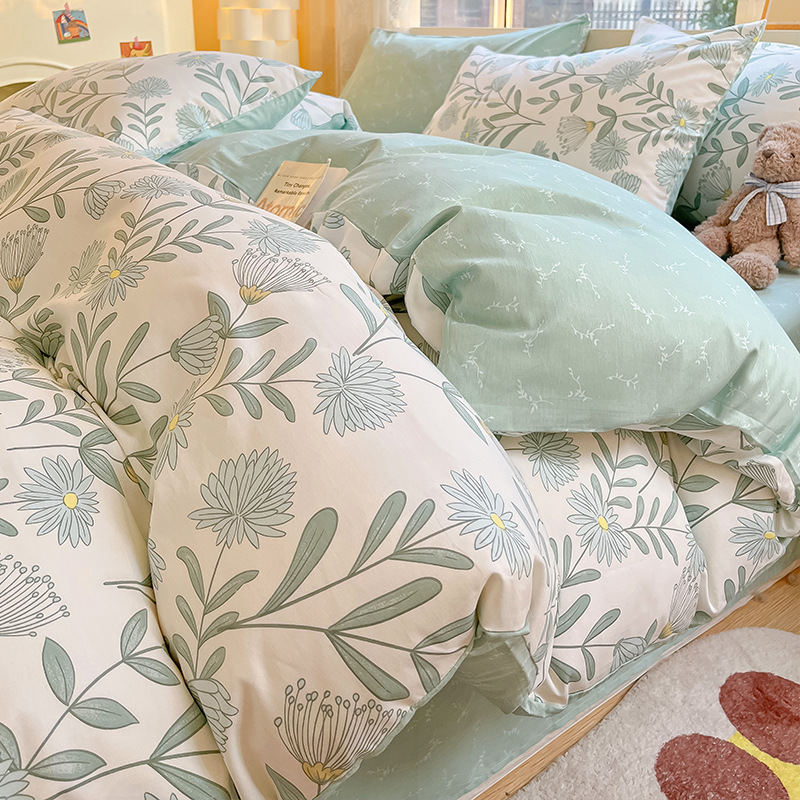 Juego de cama de algodón fresco de cuatro piezas de algodón 2025 nueva sábana cubierta de edredón dormitorio individual juego de tres piezas