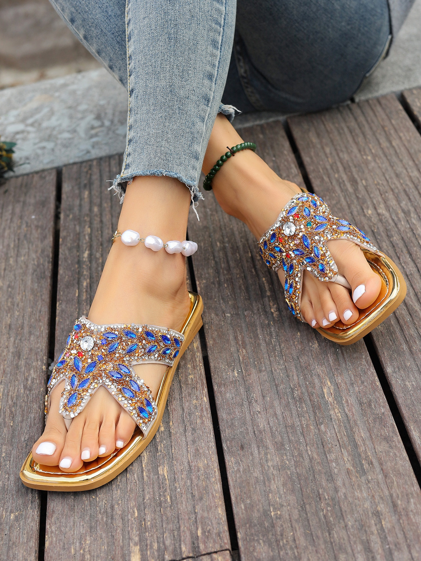 Sandały w stylu boho z diamentami płaskie damskie klapki_voghion.com