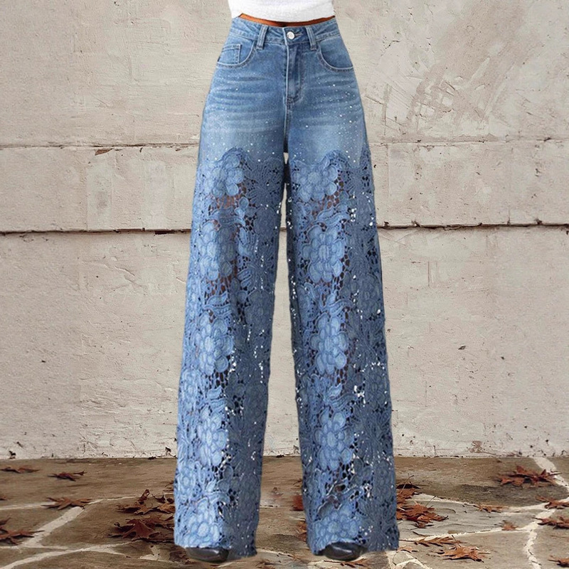 Customized Purchase of Popular 3D Digital Print Faux Denim Women's Wide-Leg Pants, Women's Flared Slim-Fit Long Pants