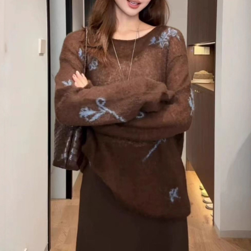 美拉德咖色刺绣针织衫女高级感慵懒chic套头毛衣2025新款上衣早秋|undefined