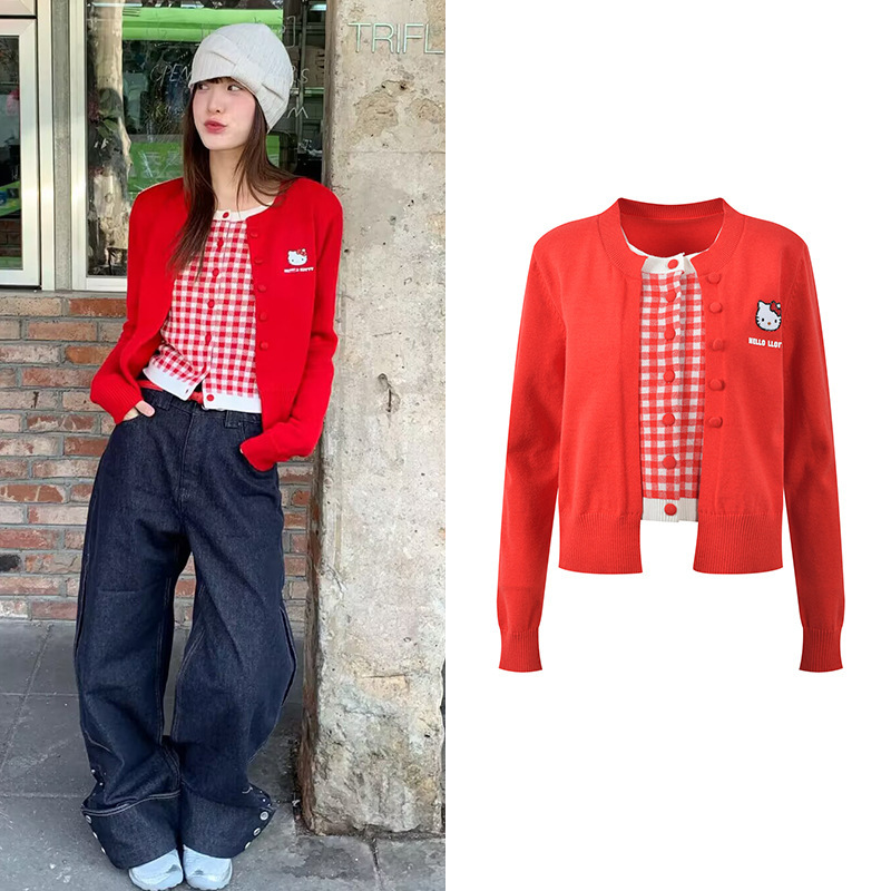 2026 Autumn New Red Faux Two-Piece Cartoon Cat Letter Fashionable Youthful Versatile Round Neck Knit Cardigan 2026 Autumn New Red Faux Two-Piece Cartoon Cat Letter Fashionable Youthful Versatile Round Neck Knit Cardigan