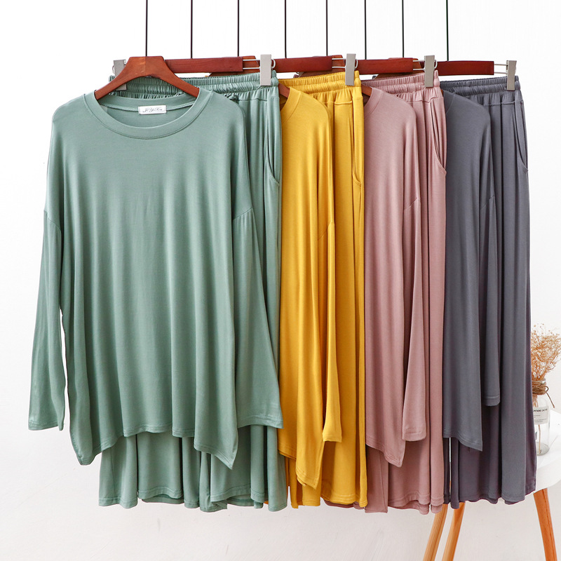 Modal Close-Fitting Loungewear Set for Women, Loose Round Neck, Large Size, Plus-Size Pajamas, Wide-Leg Pants Two-Piece Set