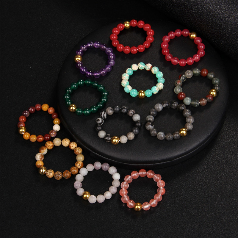 Popular European and American Jewelry Natural Stone Colorful 18K Gold Round Beaded Ring New Versatile Elegant Ring for Women