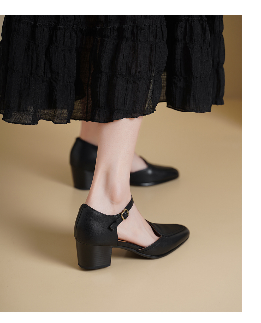 Giày sandal cao gót nữ quai ngang mũi vuông gót 5 cm kiểu Mary Jane — đen chi tiết 10