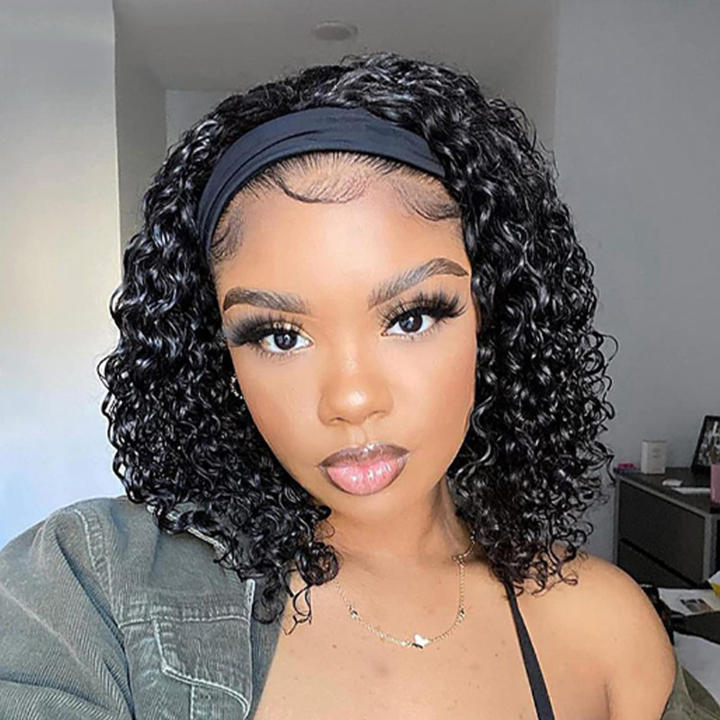 Cross-border European and American Black Headband Wig Women's Short Curly Hair African Small Volume Chemical Fiber Headgear Headband Wigs