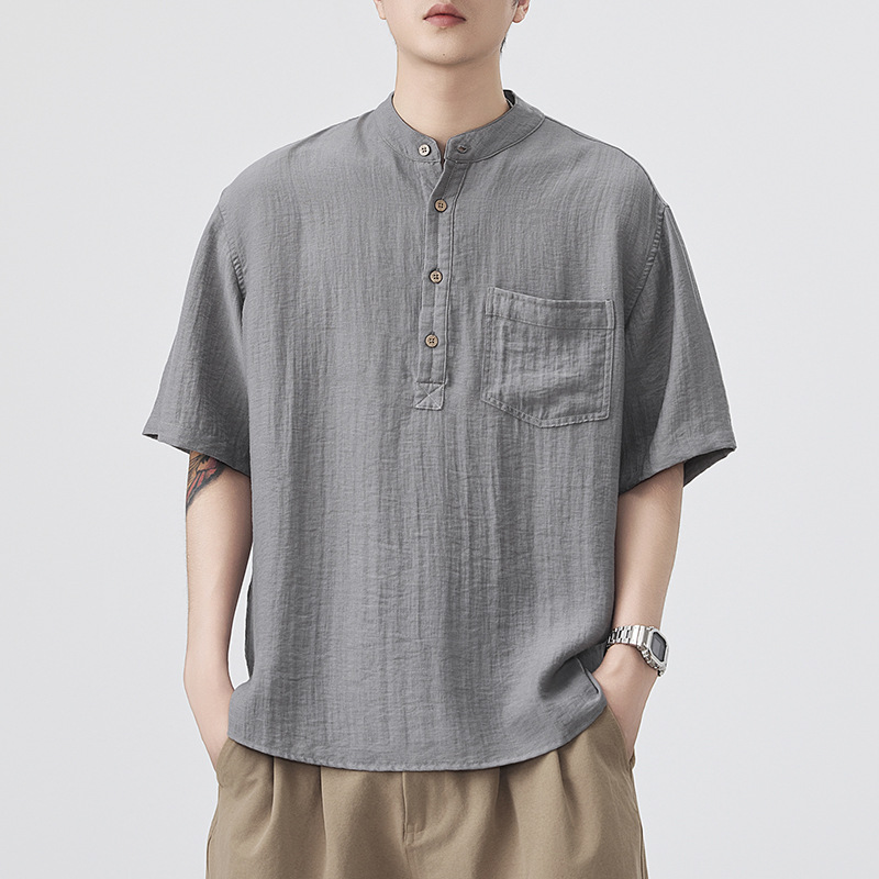 Fengshe Men's Clothing/Summer Cotton and Linen Shirt Japanese Style Retro Men's Short-sleeved Shirt American Style Trendy Mid-sleeved Shirt