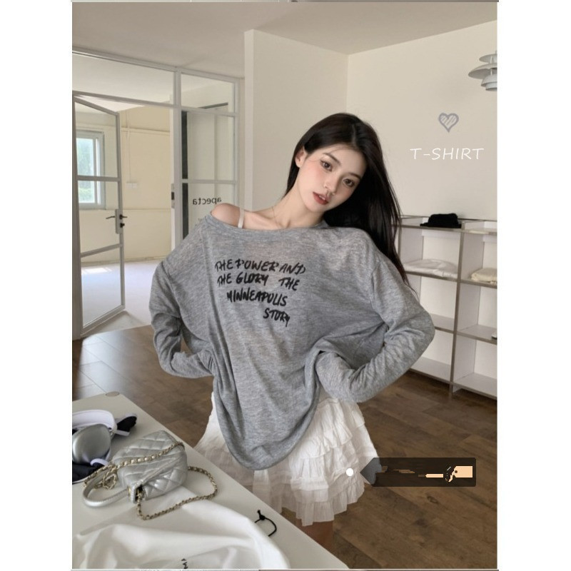 Fashionable Letter Printed Tencel Sunscreen T-Shirt for Women Autum 2024 New Loose Lazy Style Versatile Long-Sleeved Top