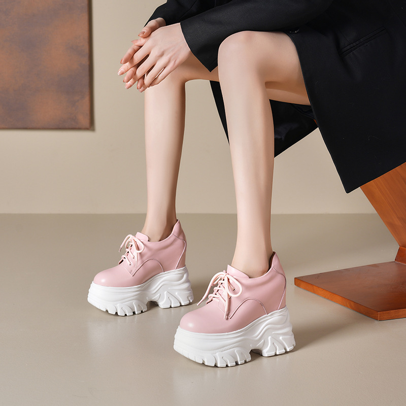 Giày sneaker nữ đế dày tăng chiều cao 12cm dây buộc da thật — Màu đen