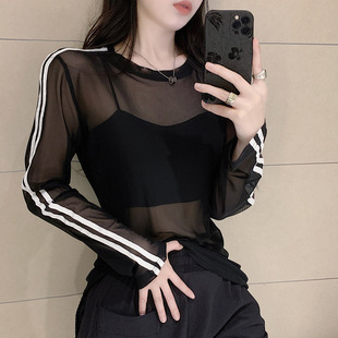 Pure Desire Sexy Mesh Splicing Striped Slightly Transparent Blouse Summer Hot Girl Slimming Top Shirt for Women
