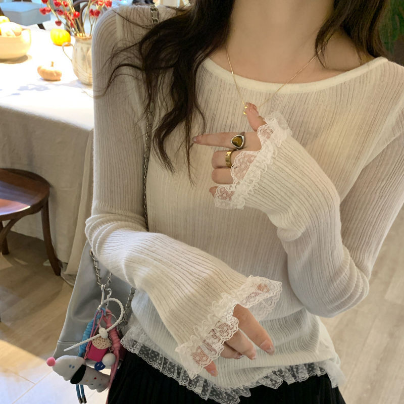 Lace Base Shirt for Women, White Round Neck, Early Spring 2026 New Style, Thin Sweater, Knitted Top for Layering Lace Base Shirt for Women, White Round Neck, Early Spring 2026 New Style, Thin Sweater, Knitted Top for Layering