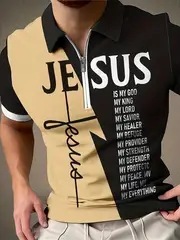 Camisa POLO con cremallera de manga corta transpirable con solapa suelta y ancho de hombro para hombre con estampado de Jesús de venta caliente clásico