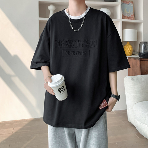 Summer Men's Short Sleeve T-Shirt Hong Kong Style Instagram Trendy Fashion Versatile T-Shirt Crew Neck Loose Plus Size Five-Finger Sleeve Trendy
