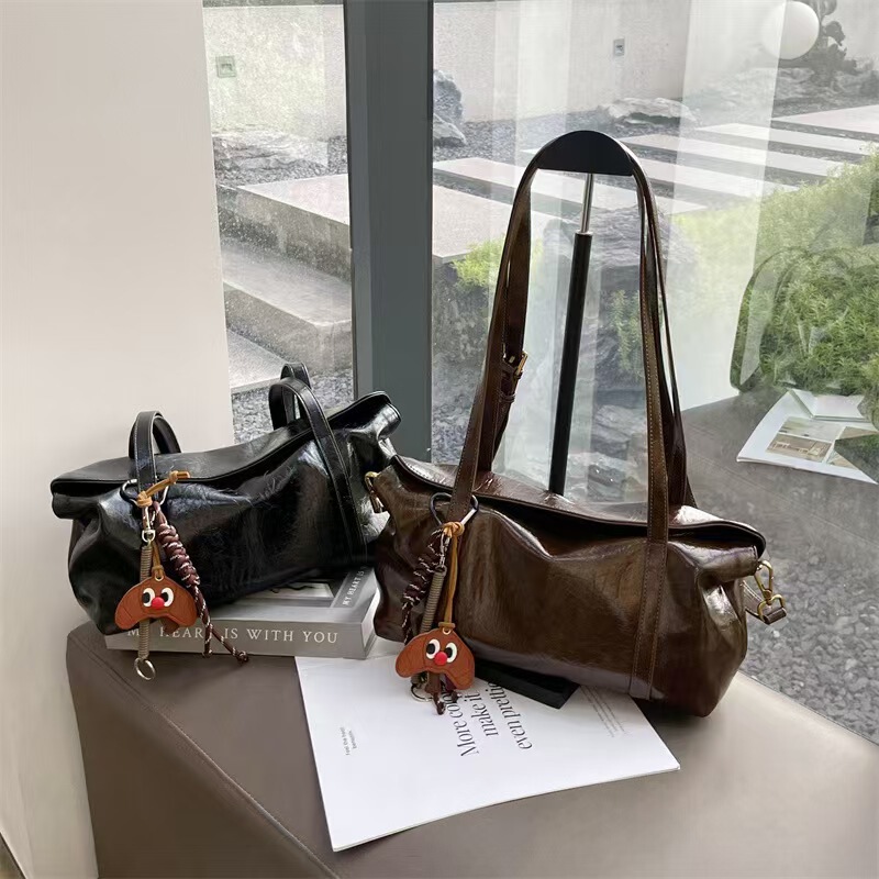 Genuine Leather Niche High-End Vintage Women's Bag, Wax Leather Large-Capacity Underarm Bag, Light Luxury Designer Style