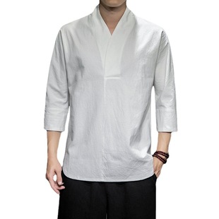 Chinese Style 2024 New Style Summer Men's Long-sleeved Shirt Japanese Style Large Size Cotton Linen Hanfu Casual Tang Suit Men's Shirt