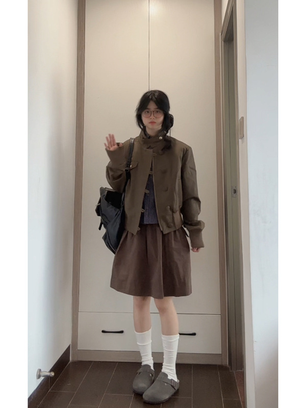 美式复古立领皮衣外套女秋季年新款排扣设计短款机车夹克上衣|undefined