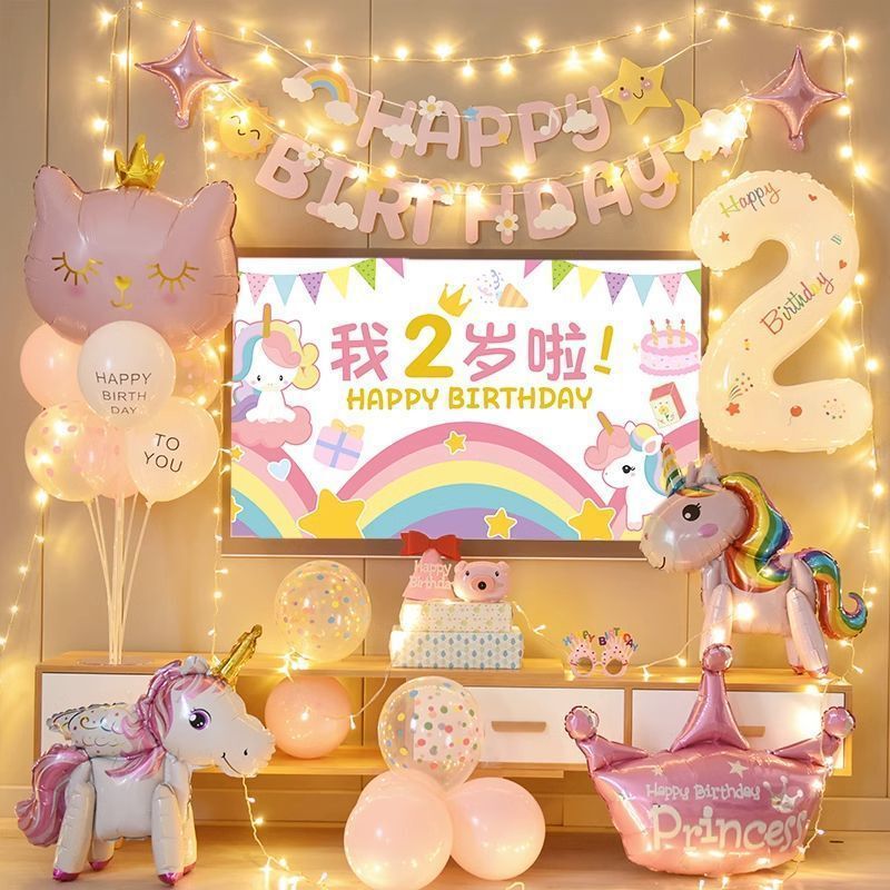 独角兽女孩生日装饰场景布置电视投屏儿童周岁卡通背景墙宝宝套餐|undefined