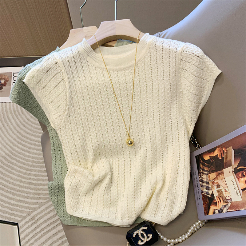 French Style Chic Hollow Crewneck Sweater Women's Short-sleeved 2025 Summer New Style Gentle Super Nice Lightweight Base Top