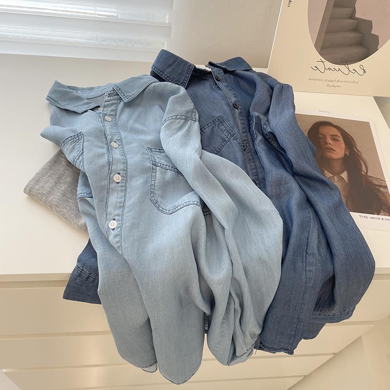 Soft Tencel Cotton Retro Denim Shirt Women's 2025 Spring and Autumn Lazy Slim Mid-Length Double Pocket Stacking Shirt