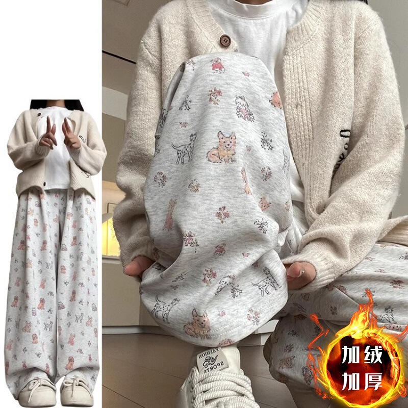 [Three-Dimensional Waistband] Large Size M-6Xl Cute Puppy Print Casual Pants for Autumn and Winter Fleece-Lined and Thickeneded Lazy Wide Legs