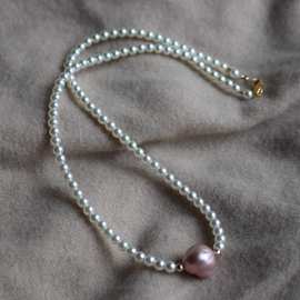 设计款 轻奢风气质仿施家珍珠拼高亮花瓣粉紫淡水爱迪生巴洛克项