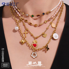 Mili ins スタイル愛の花クロス DIY 鎖骨ネックレスカラフルなジルコンヨーロッパとアメリカのクロスボーダーステンレス鋼ジュエリー