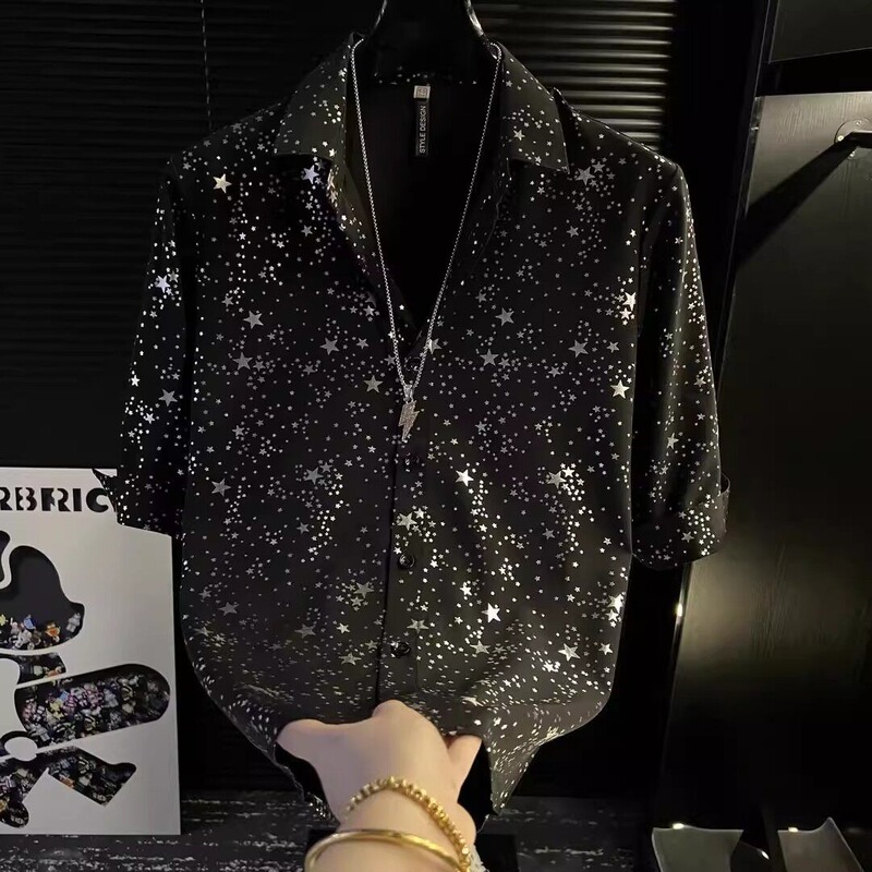 Summer Thin Mid-Sleeve Shirt for Men with Sequins and Starry Pattern, Stylish Korean Style, Trendy and Cool Outfit Summer Thin Mid-Sleeve Shirt for Men with Sequins and Starry Pattern, Stylish Korean Style, Trendy and Cool Outfit