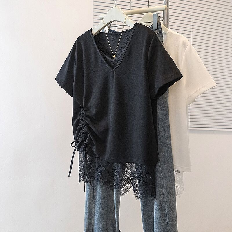 Plus-size Korean-style lace drawstring maternity t-shirt for women, new spring/summer model, loose fit, slimming, flattering, fashionable outerwear Plus-size Korean-style lace drawstring maternity t-shirt for women, new spring/summer model, loose fit, slimming, flattering, fashionable outerwear