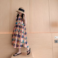 QZ8103夏季新款韓版童裝女童裙女大童無袖連衣裙親子全棉格子長裙