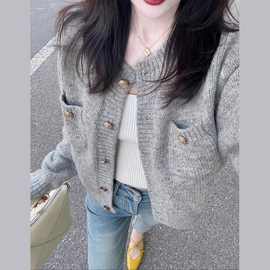 上衣灰色小香风毛衣小个子新款针织开衫女短款爆款慵懒风2024外套