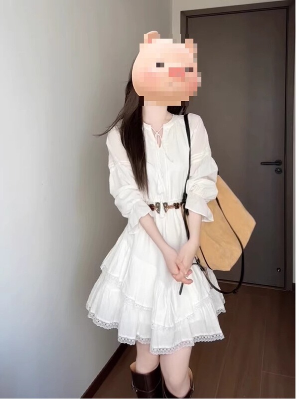 French-Style V-Neck Heavy Lace Patchwork White Long-Sleeve Dress with a High-End Feel, Petite Shirt Dress, Fairy-Like Autumn Style French-Style V-Neck Heavy Lace Patchwork White Long-Sleeve Dress with a High-End Feel, Petite Shirt Dress, Fairy-Like Autumn Style
