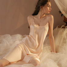 跨境大码吊带睡衣女夏女士缎面冰雪丝睡裙性感长款skirt开叉连衣