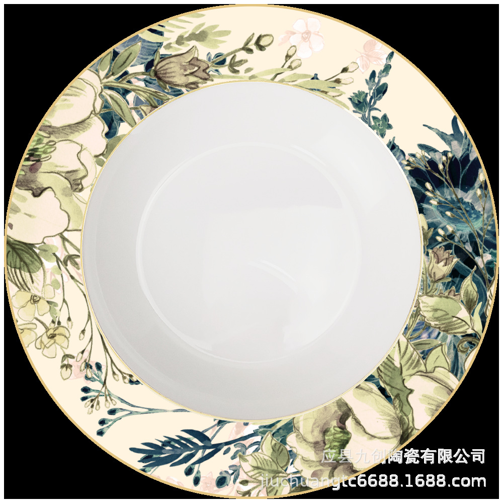 Plato de cerámica estilo chino, plato creativo retro floral de estilo occidental con borde dorado, plato de repostería de estilo occidental