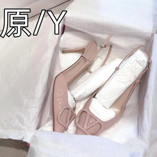 High version V nude patent leather high heel shoes for women 2023 New genuine leather pointed toe V buckle closed toe back empty stiletto heel sandals