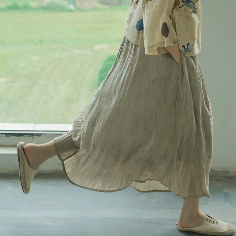 Vintage Distressed Versatile Twill Linen Crinkled Skirt Casual Artistic Double-Layered Casual Long Skirt B22193