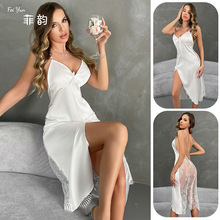 欧美跨境吊带裙性感开叉睡裙纯欲风少女睫毛花边拼接家居服825